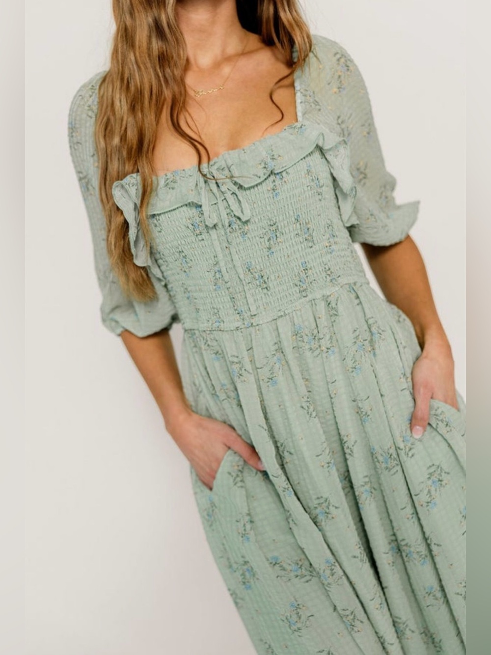 Elle Smocked Floral Ruffle Maxi Dress in Green Tea Floral NWOT - Picture 2 of 3